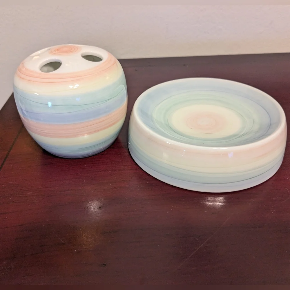 Vintage Sonet Soap Dish & Toothbrush Holder Glory Of Pastels Office Desk Ceramic